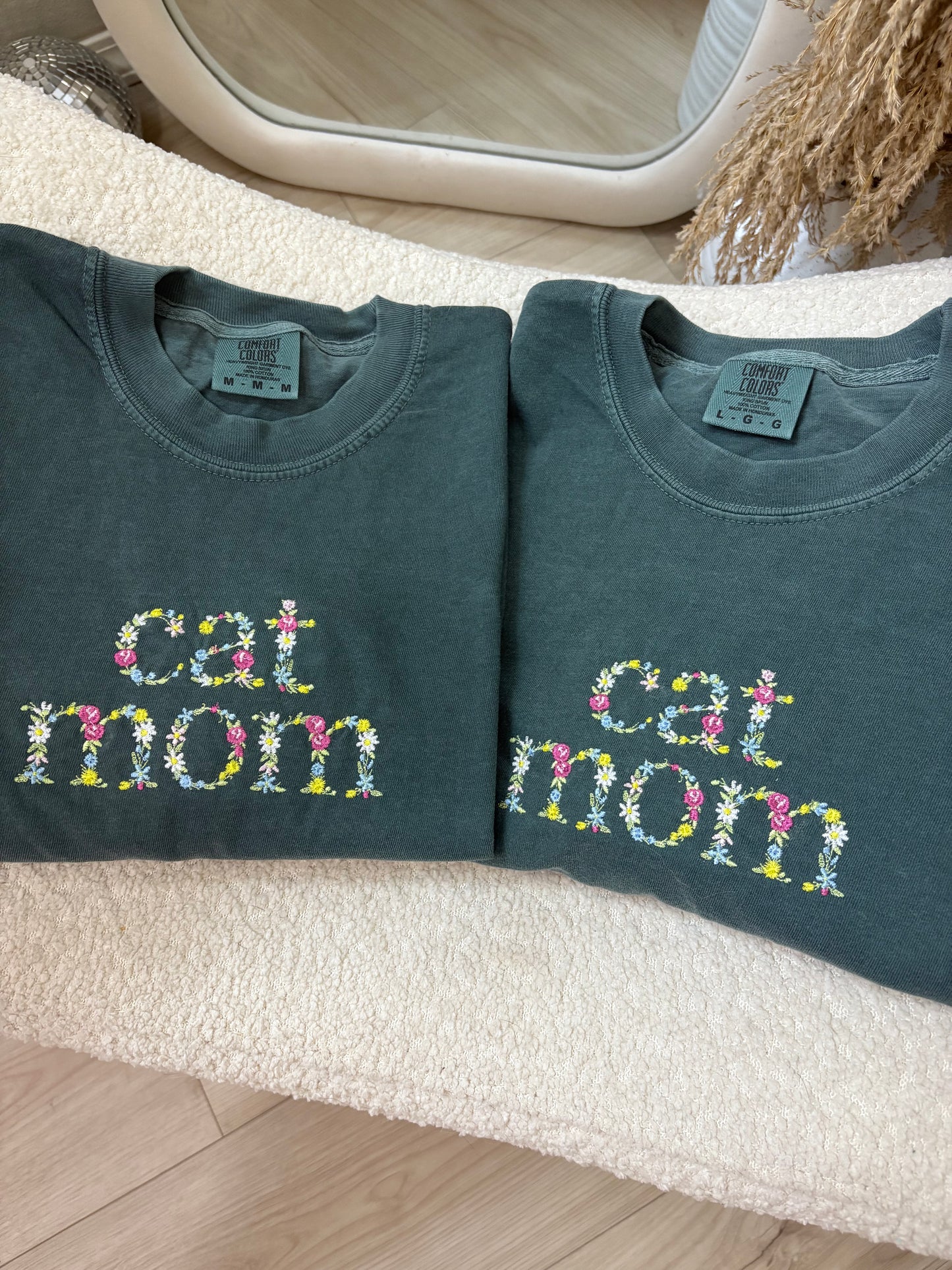 Floral Embroidered Cat Mom Tee