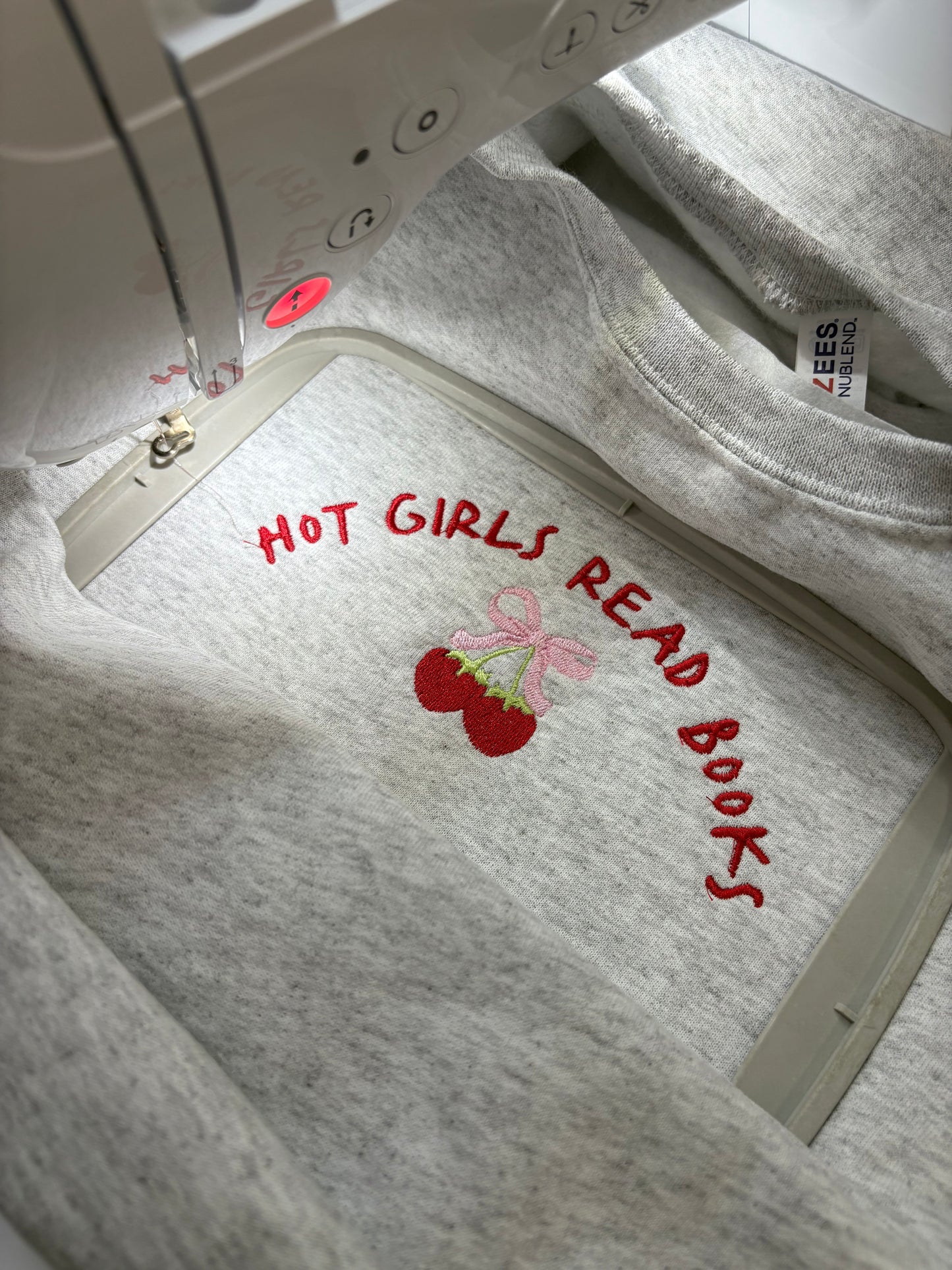 Hot Girls Read Books Embroidered Cherry Crewneck