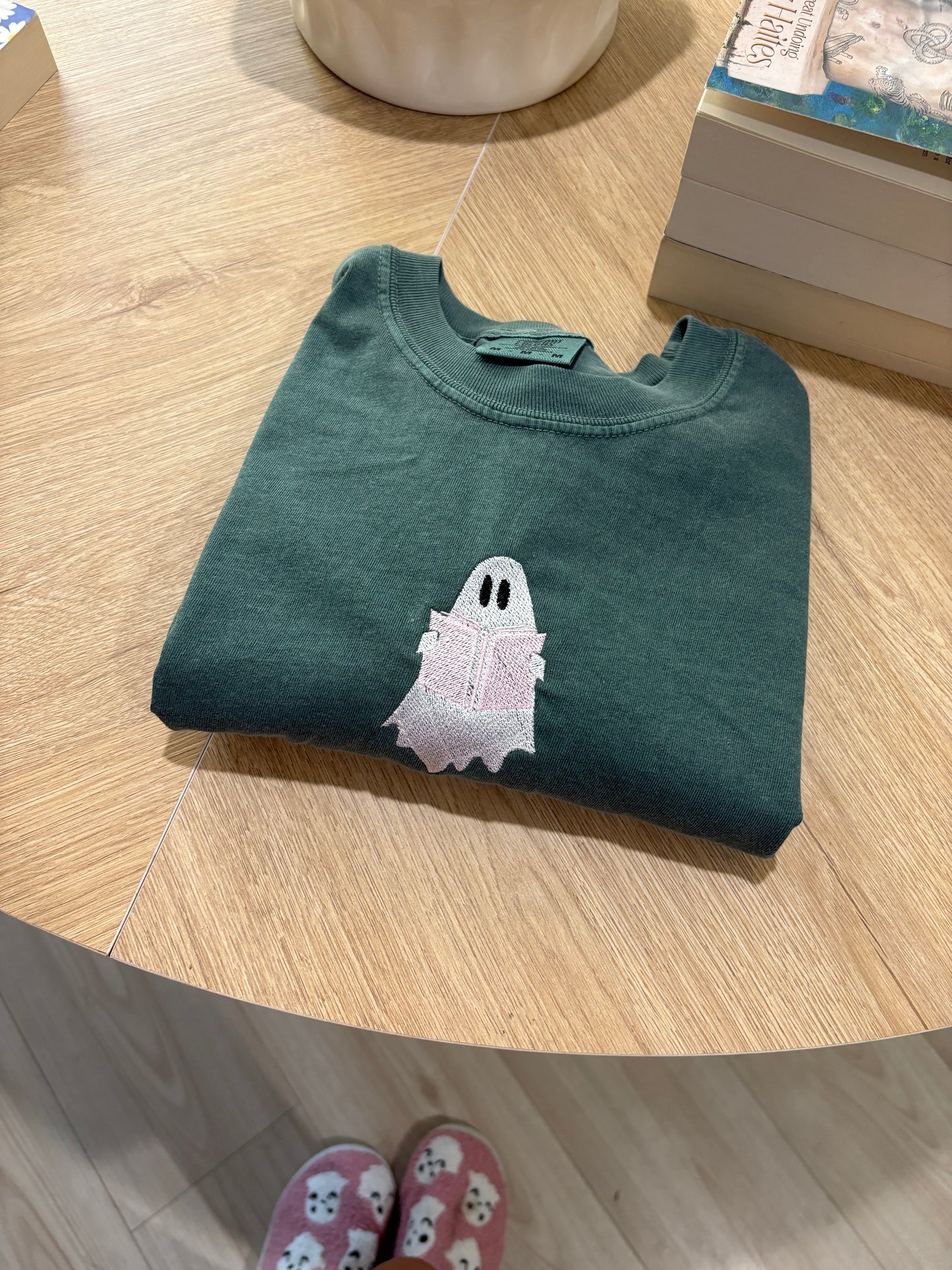 Spooky Bookish Ghost Embroidered Tee