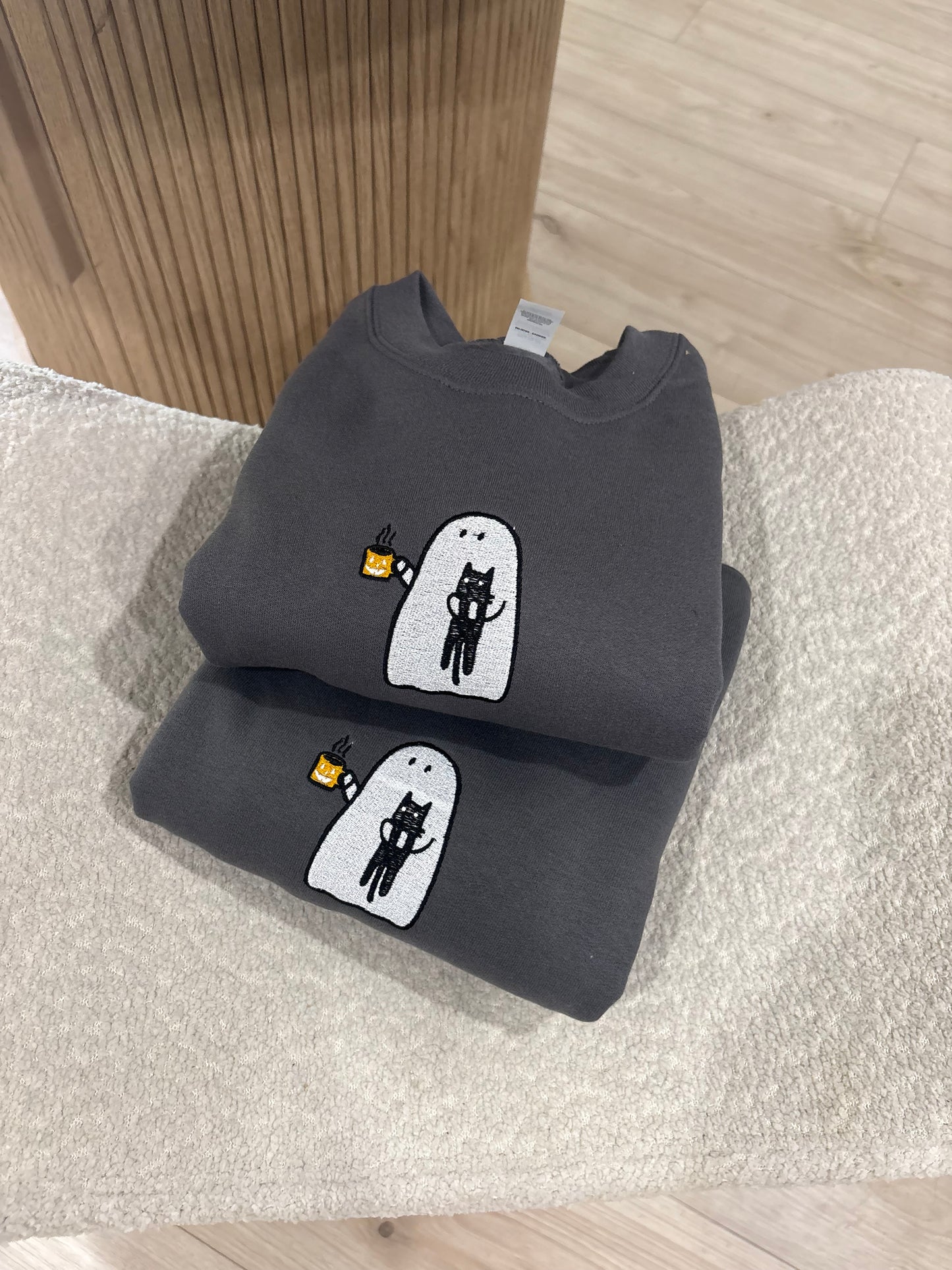 Spooky Ghost Coffee Cat Mom Embroidered Sweatshirt