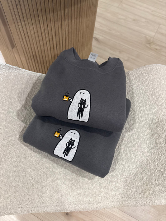 Spooky Ghost Coffee Cat Mom Embroidered Sweatshirt