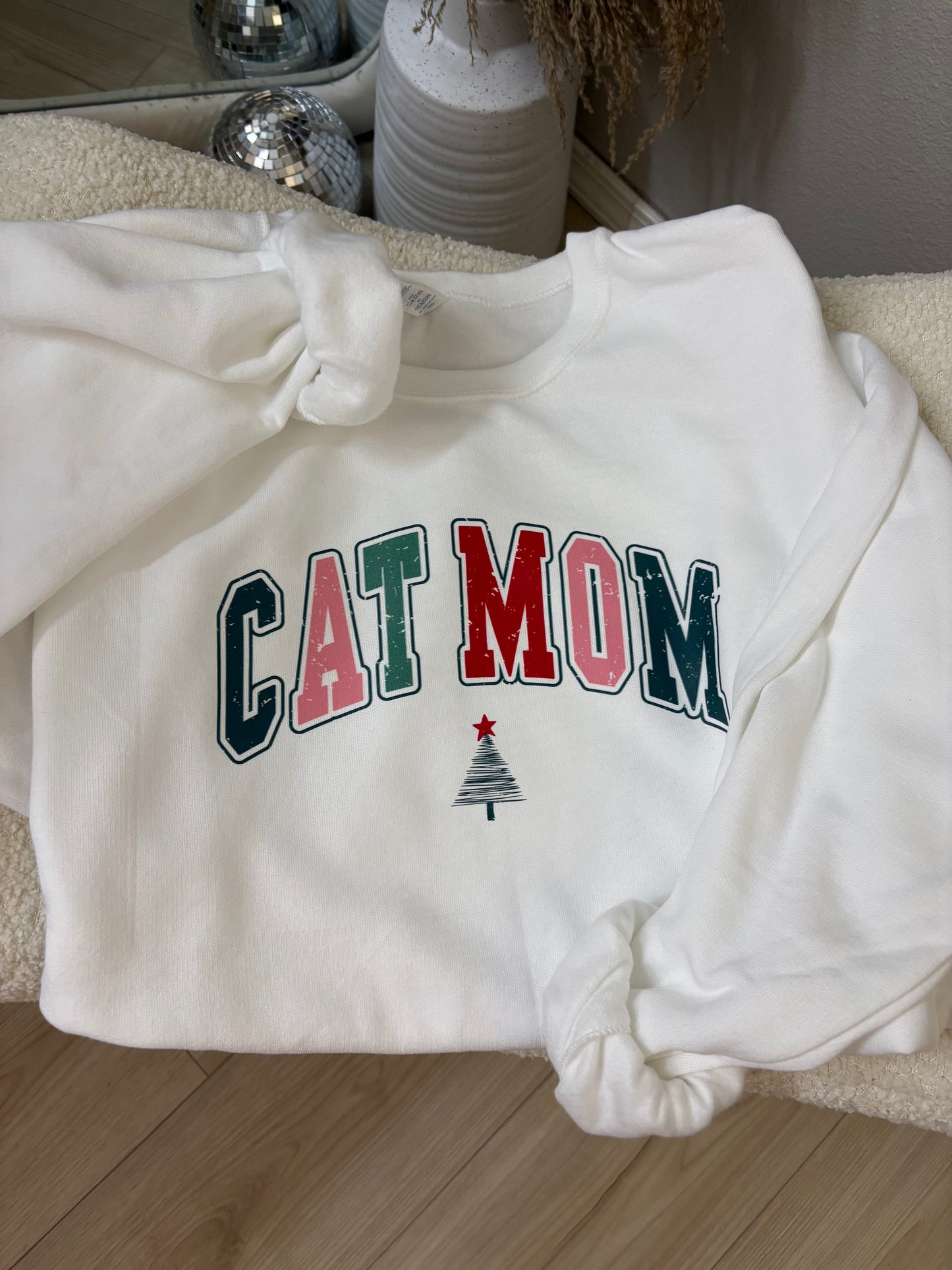 Distressed Christmas Cat Mom Crewneck