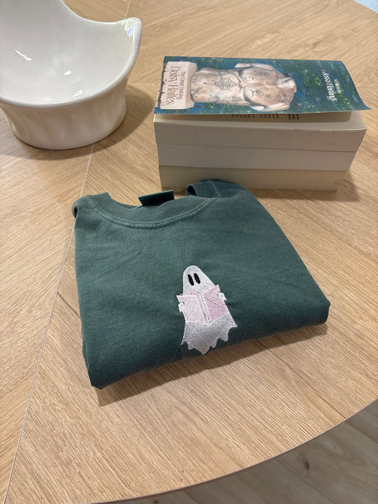Spooky Bookish Ghost Embroidered Tee