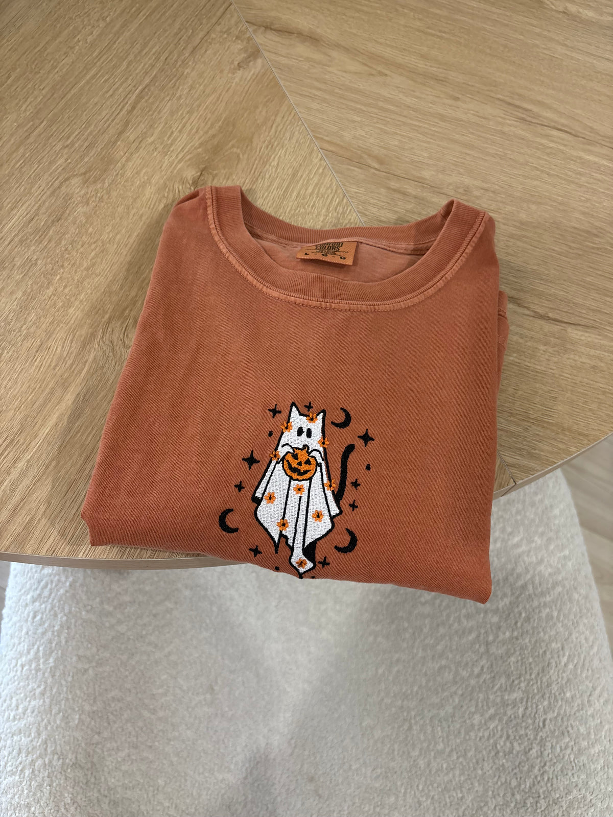 Spooky Ghost Cat Embroidered Tee