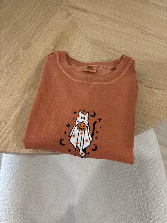Spooky Ghost Cat Embroidered Tee