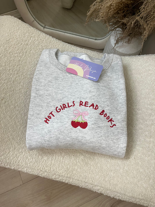 Hot Girls Read Books Embroidered Cherry Crewneck